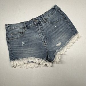 Free‎ People Lace Distressed Blue Jean Denim Shorts 29 Boho Festival Western EUC